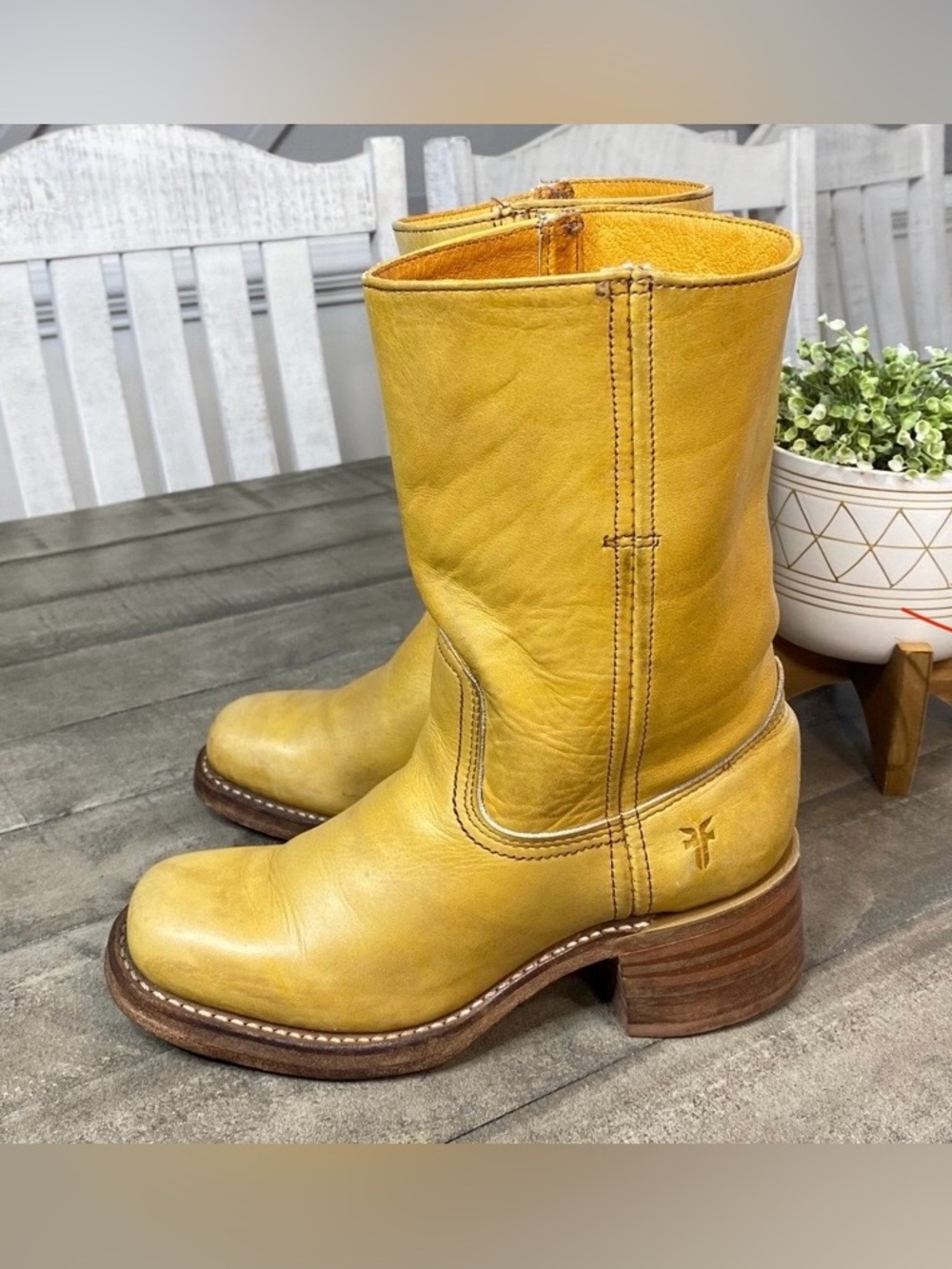 FRYE Women's Yellow FRYE Women's Yellow Leather Square Toe Mid Calf Boots Size 6